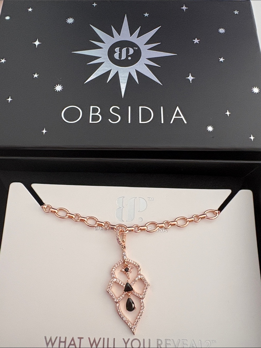 Obsidia Rose Gold Pendant Necklace with Black Stone Accents